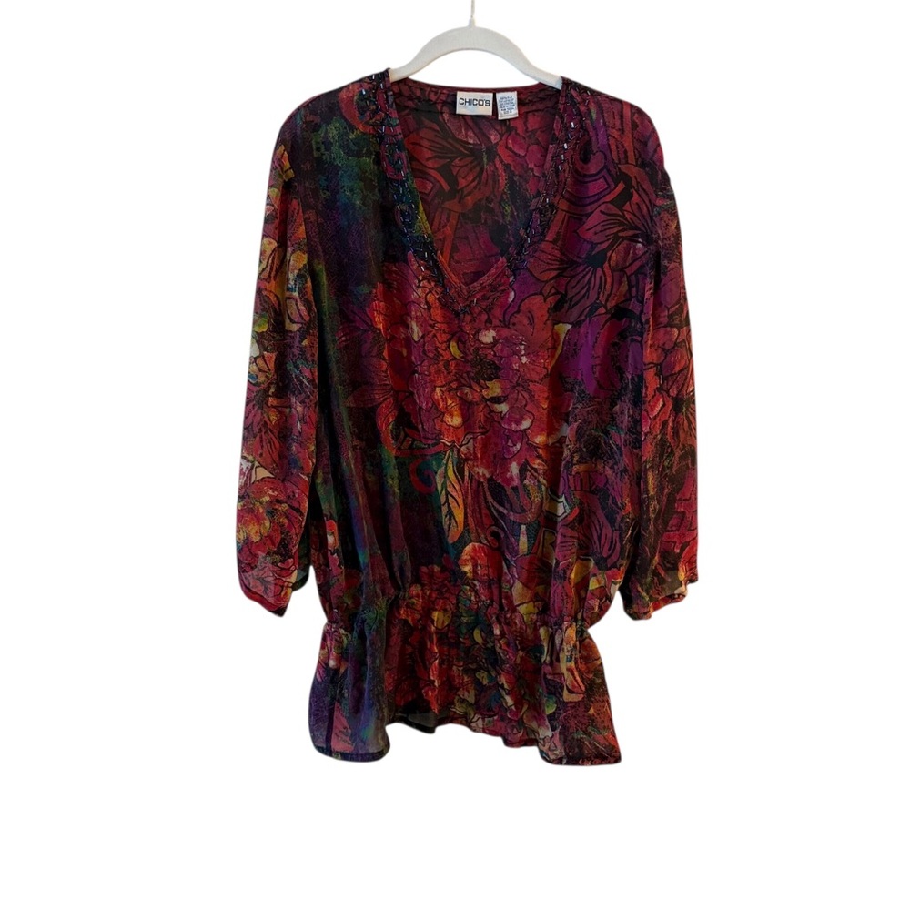 Silk Floral Tunic Blouse Beaded Neck Boho Peplum Chico’s Size 3 XL
